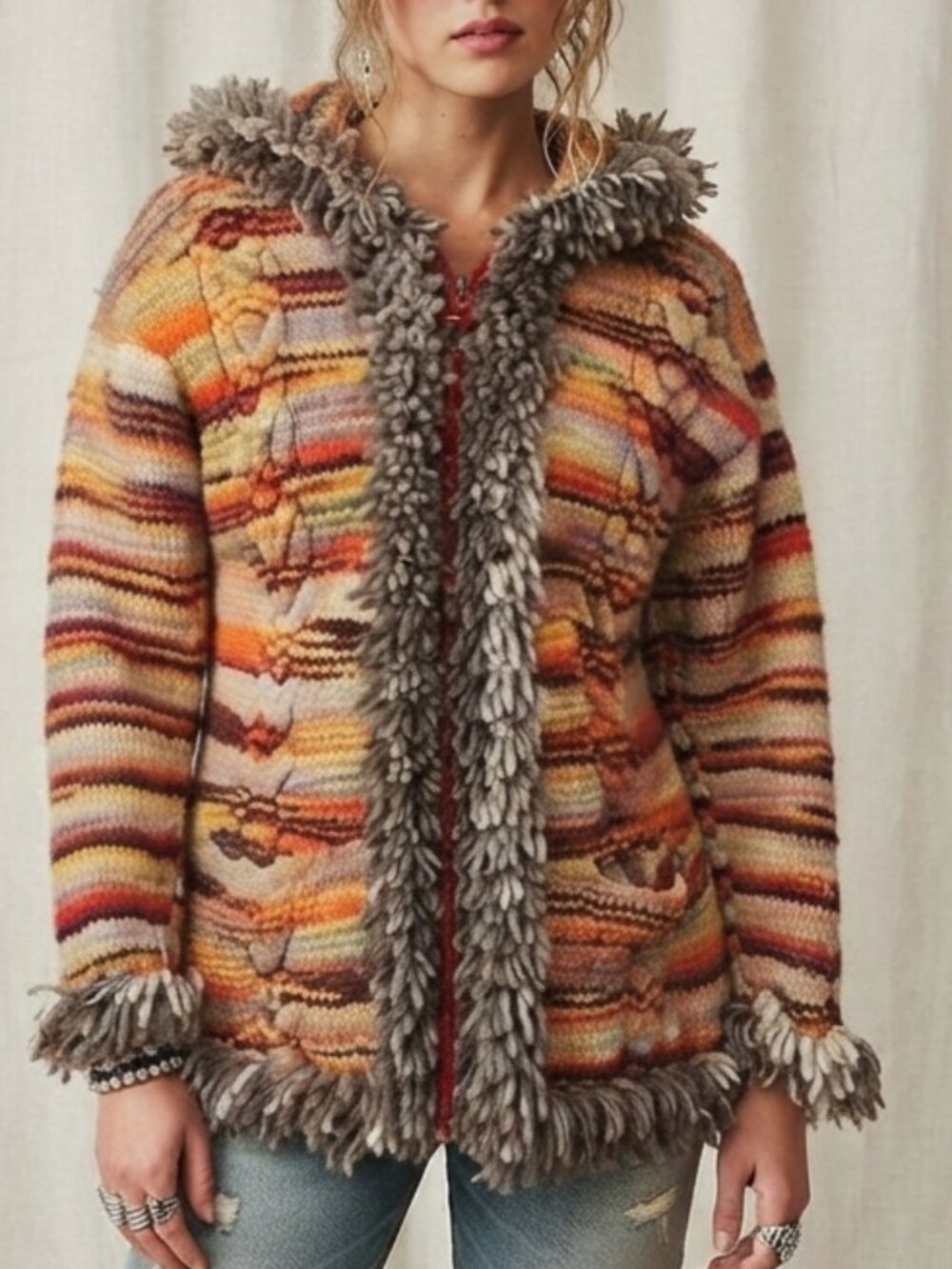 Penny Lane Handknit Wool Hooded Cardigan Jacket Fringe Trim Chunky Cabel Size M - Picture 1 of 13